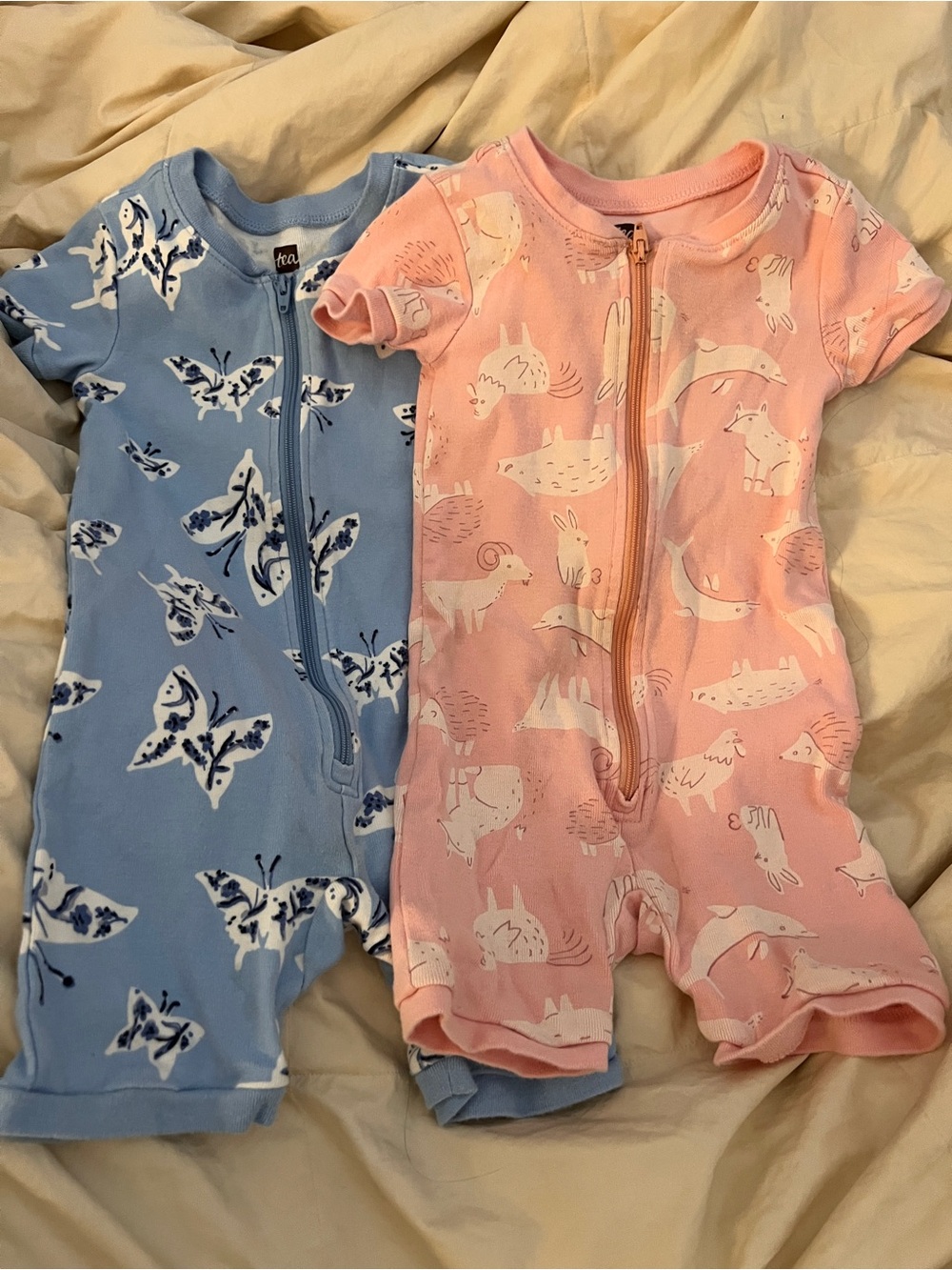 Blue Butterfly & Pink Animal Zip Rompers - 2-Pack Tea
